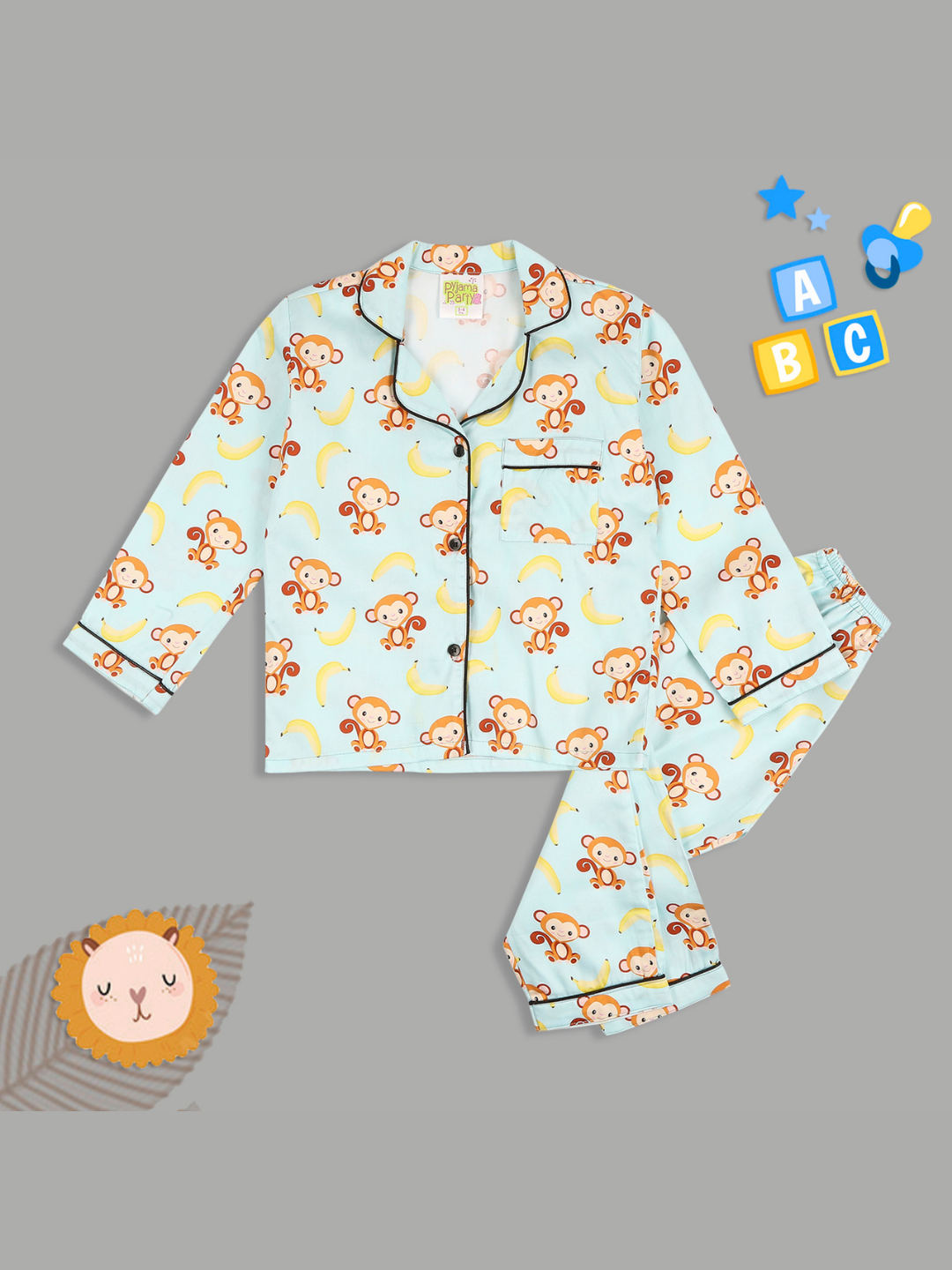 Funky Monkey Kids Button Down Pj Set - Pure Cotton Pj Set with Notched Collar