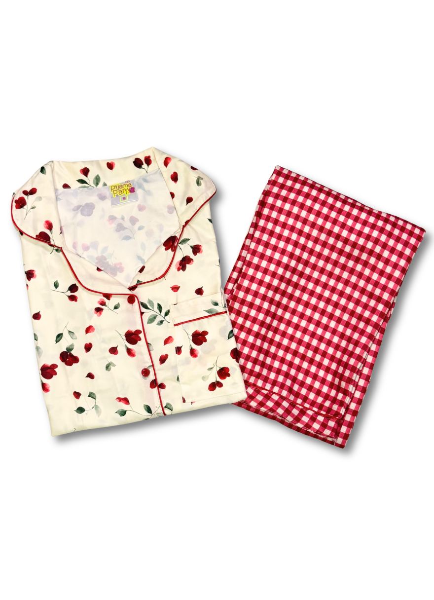 Petal Plaid Button Down Pj Set - Cotton Rayon Pj Set with Notched Collar