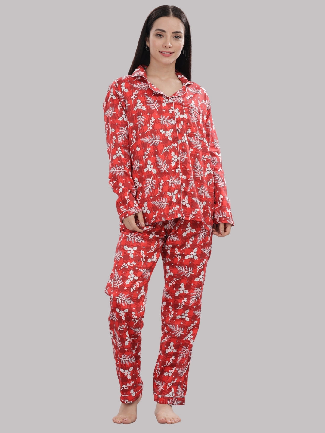 Crimson Christmas Button Down Pj Set - Pure Cotton Pj Set with Notched Collar