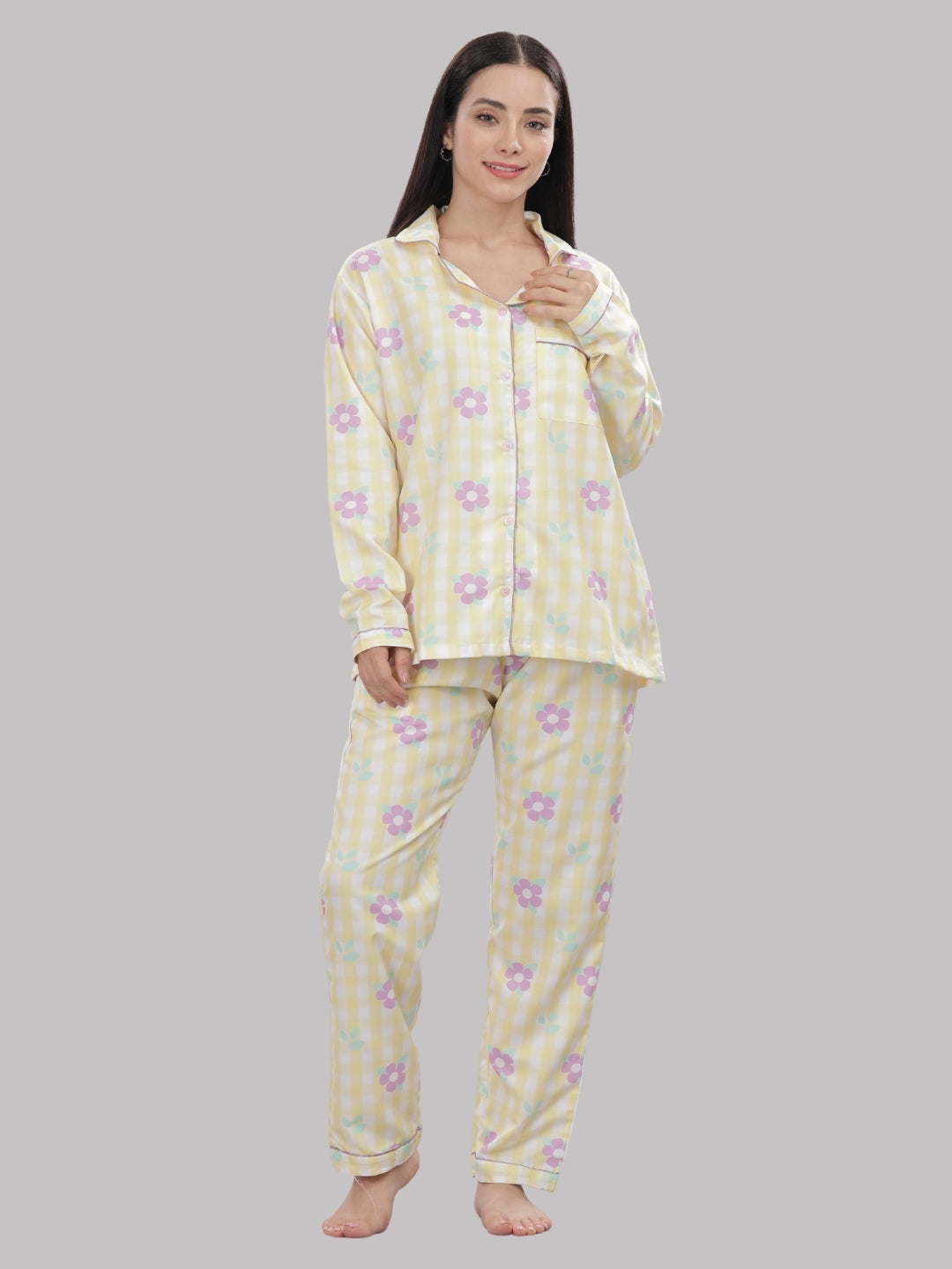 Blooming Checks Button Down Pj Set - Cotton Rayon Pj Set with Notched Collar
