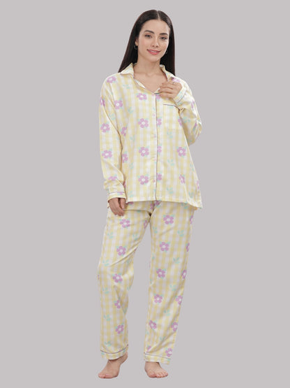 Blooming Checks Button Down Pj Set - Cotton Rayon Pj Set with Notched Collar