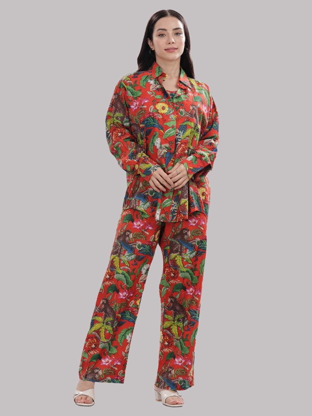 Red Tropicana Co-ord Set- 3 Piece Co-ord Set in Pure Cotton