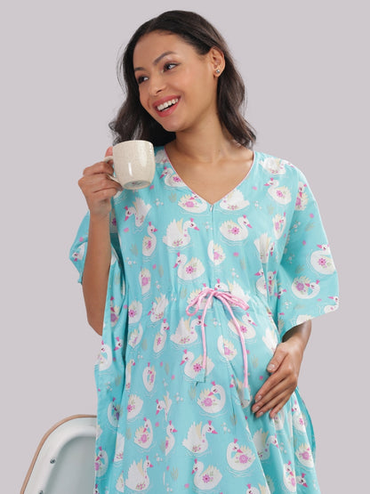 Swan Lake Maternity Kaftan Gown - Pure Cotton Kaftan Gown With Single Invisible Zip for Feeding
