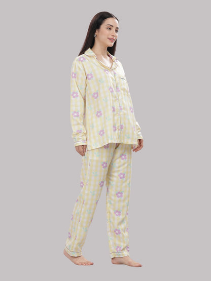 Blooming Checks Button Down Pj Set - Cotton Rayon Pj Set with Notched Collar