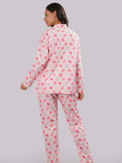 Strawberry Sweetheart Button Down Pj Set - Cotton Rayon Pj Set with Notched Collar