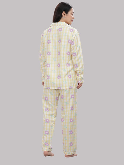 Blooming Checks Button Down Pj Set - Cotton Rayon Pj Set with Notched Collar