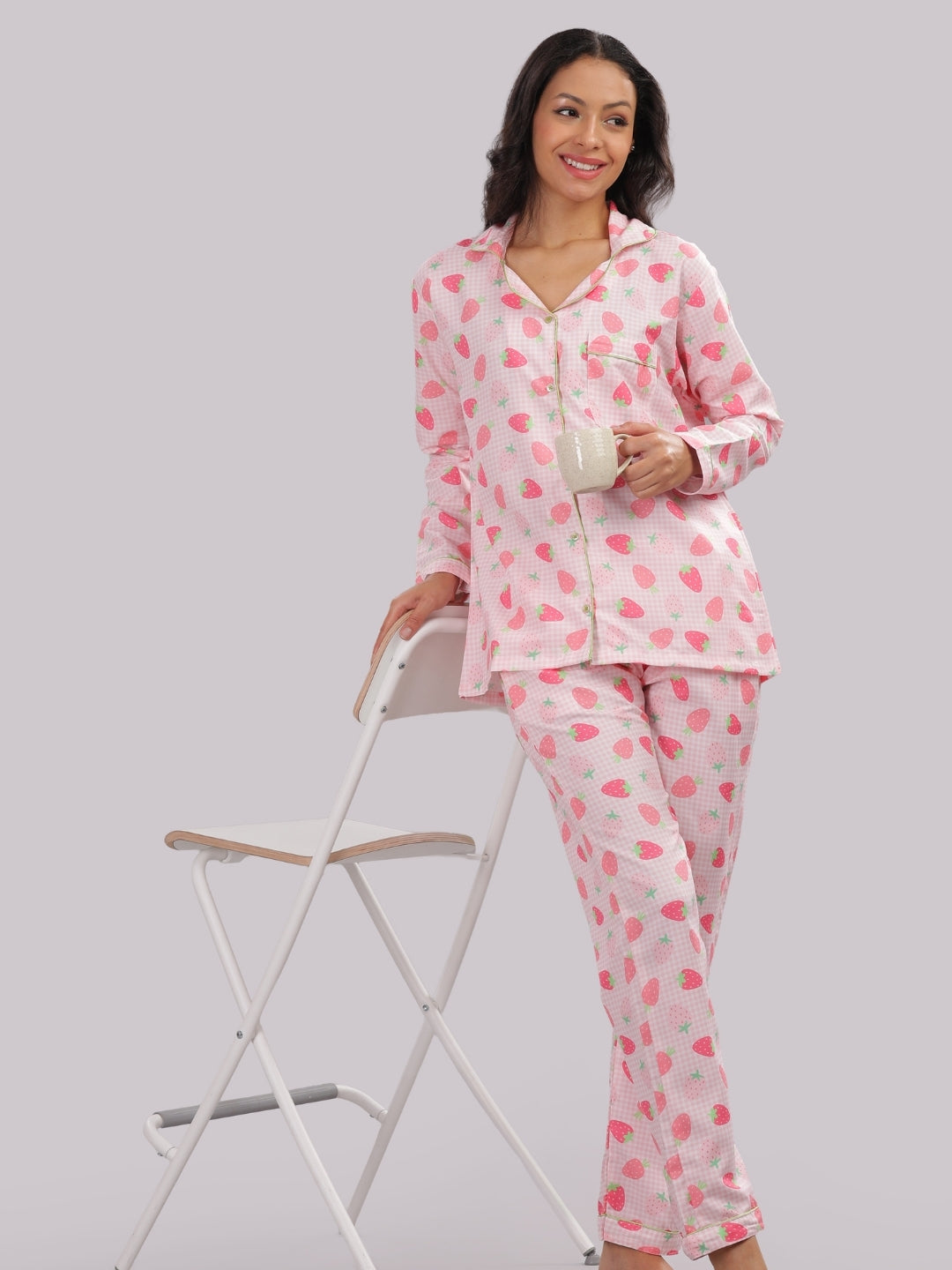 Strawberry Sweetheart Button Down Pj Set - Cotton Rayon Pj Set with Notched Collar