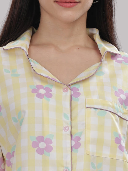 Blooming Checks Button Down Pj Set - Cotton Rayon Pj Set with Notched Collar