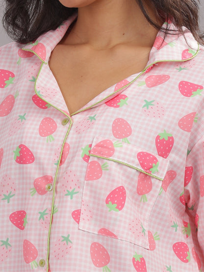 Strawberry Sweetheart Button Down Pj Set - Cotton Rayon Pj Set with Notched Collar
