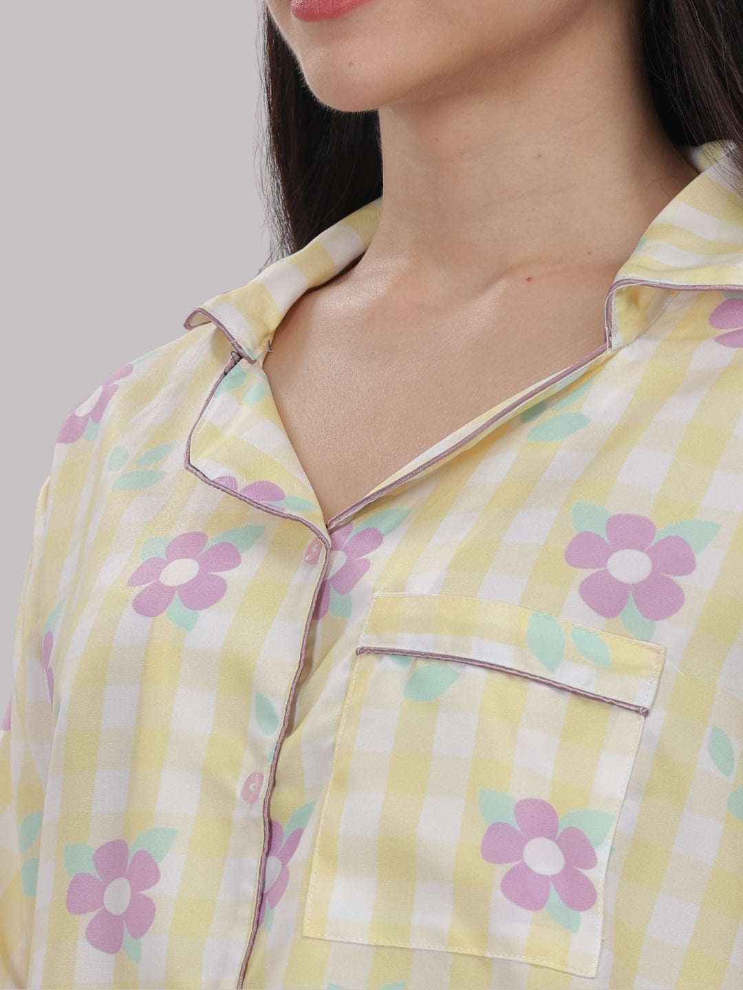 Blooming Checks Button Down Pj Set - Cotton Rayon Pj Set with Notched Collar