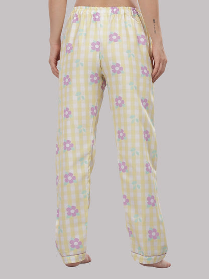 Blooming Checks Button Down Pj Set - Cotton Rayon Pj Set with Notched Collar