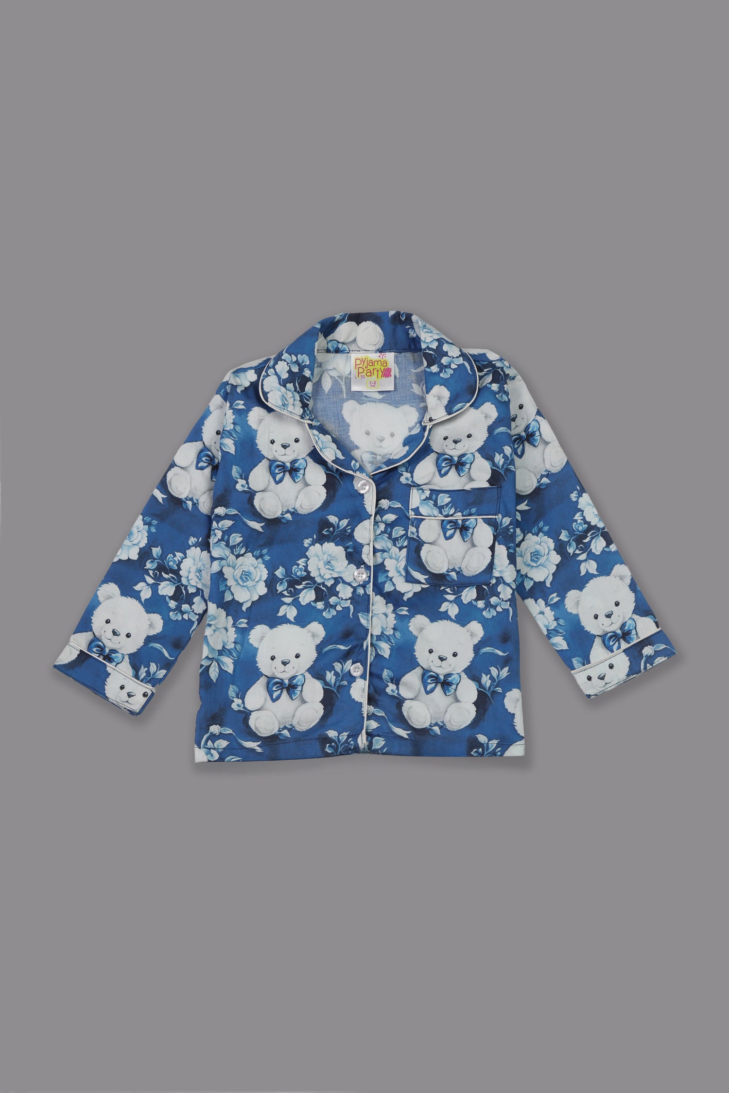 Beary Cute Kids Button Down Pj Set - Pure Cotton Pj Set with Notched Collar