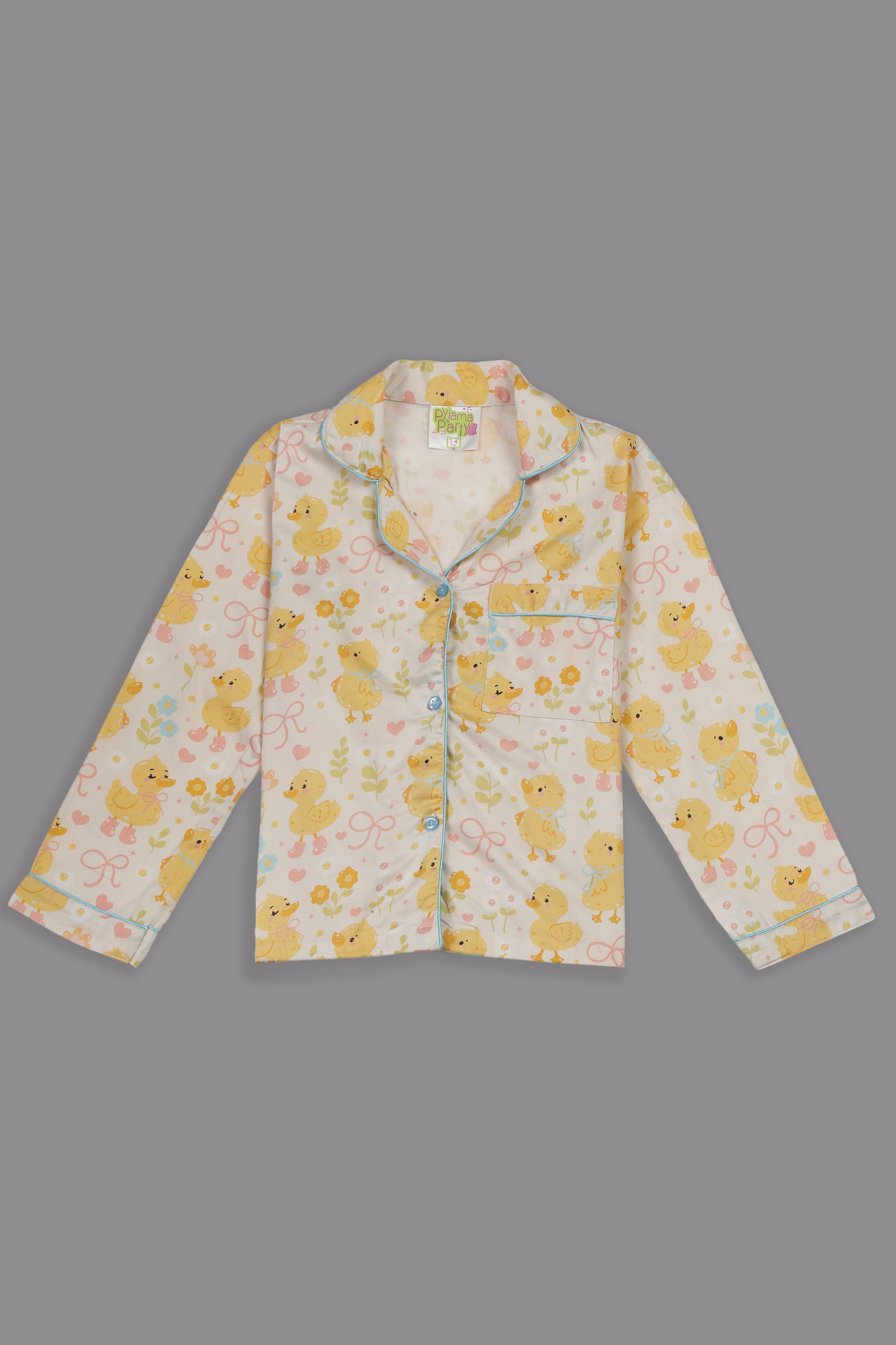 Sunny Duckling Kids Button Down Pj Set - Pure Cotton Pj Set with Notched Collar