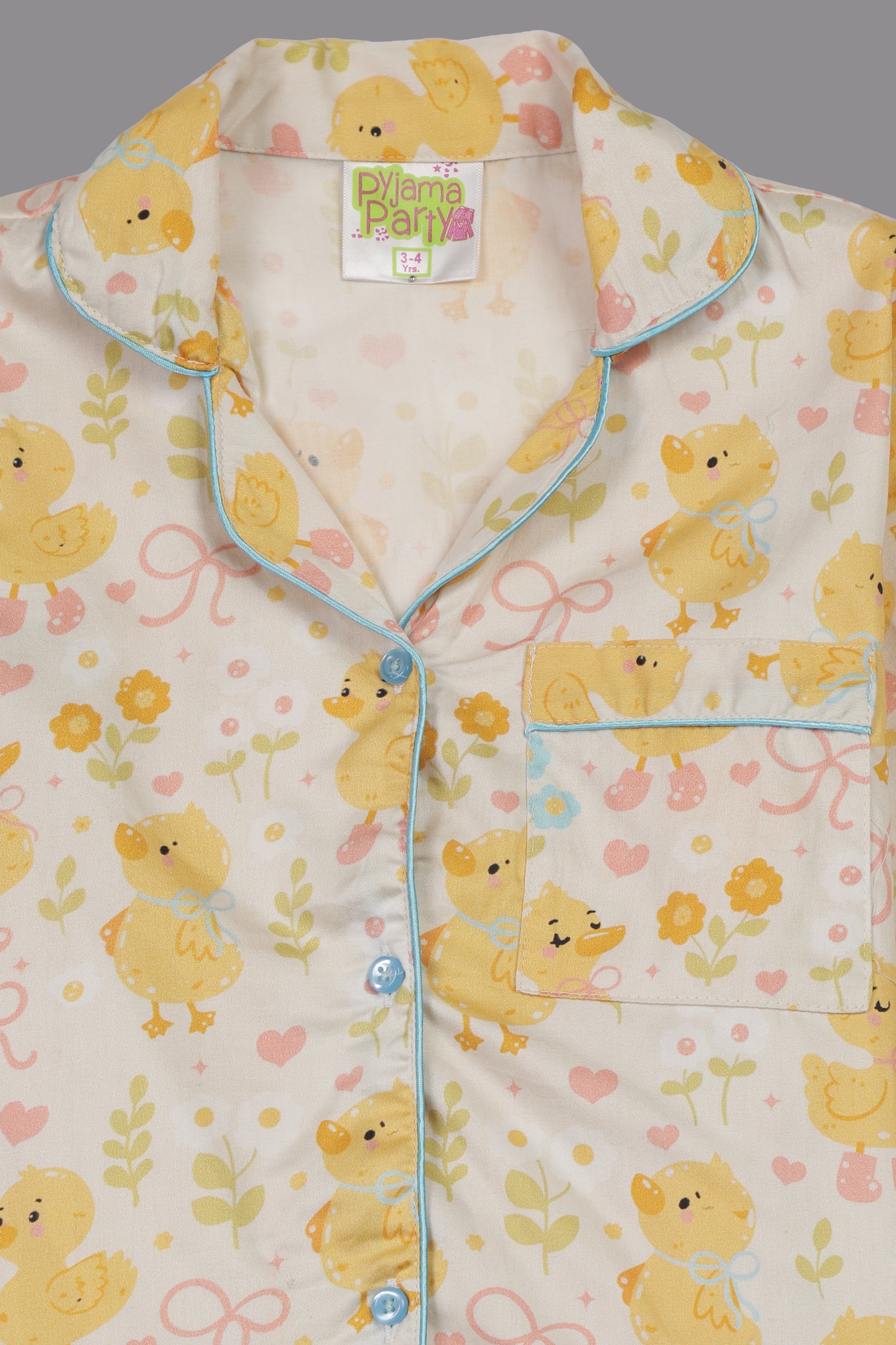 Sunny Duckling Kids Button Down Pj Set - Pure Cotton Pj Set with Notched Collar