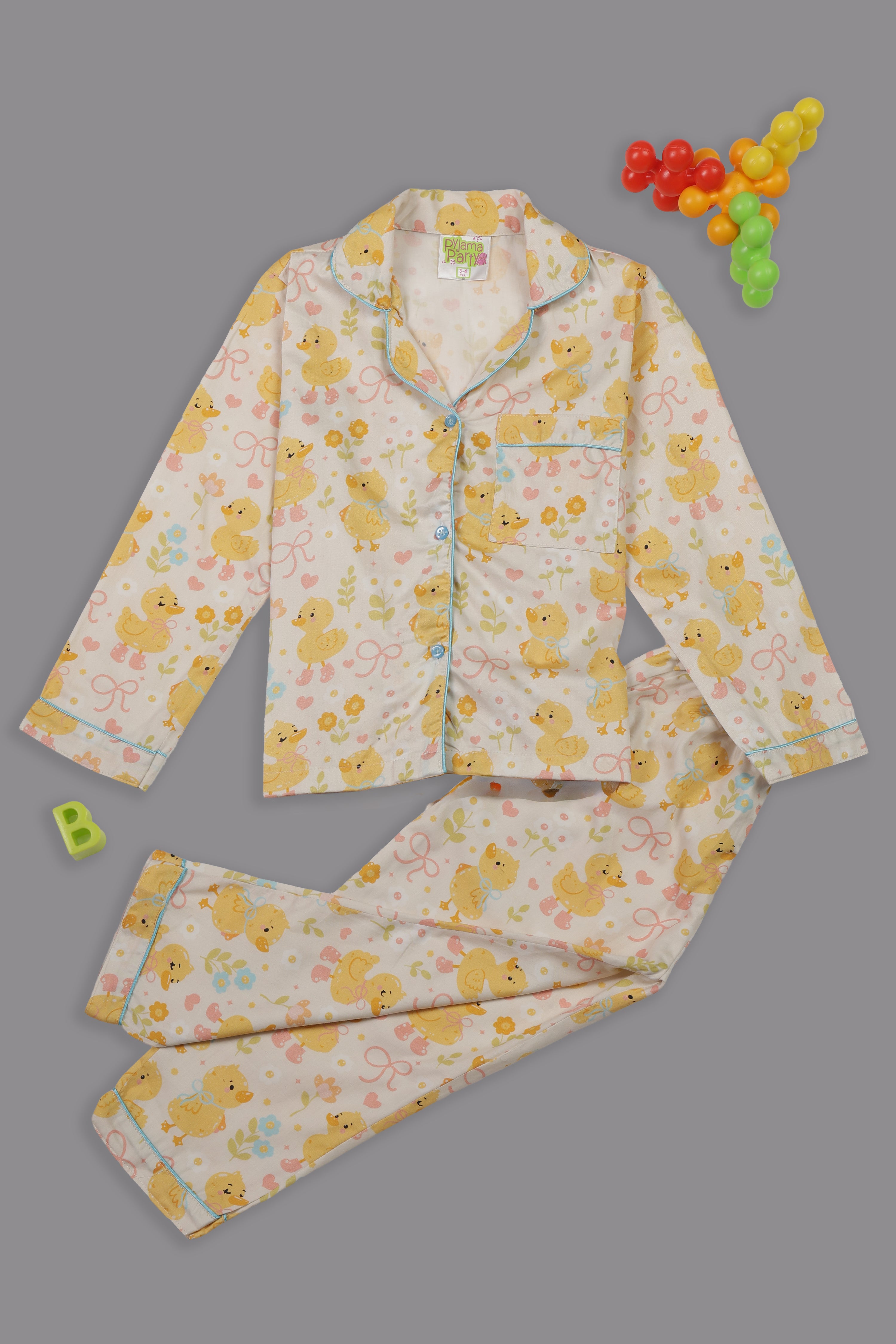Sunny Duckling Kids Button Down Pj Set - Pure Cotton Pj Set with Notched Collar