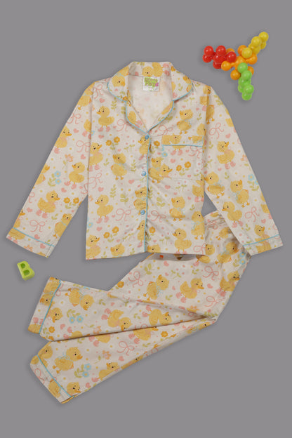 Sunny Duckling Kids Button Down Pj Set - Pure Cotton Pj Set with Notched Collar