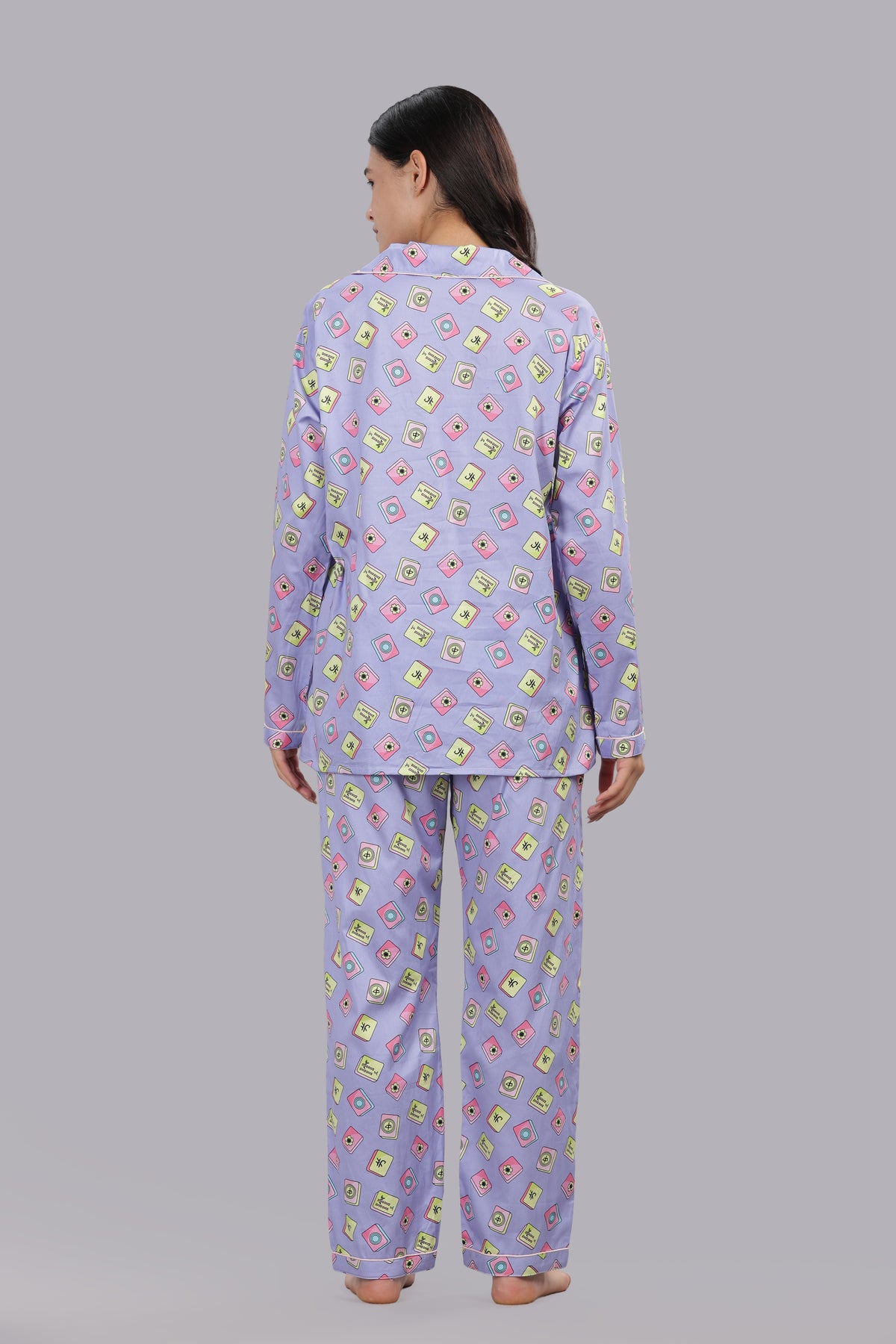 Mahjong Lilac Button Down Pj Set - Pure Cotton PJ Set with Notched Collar