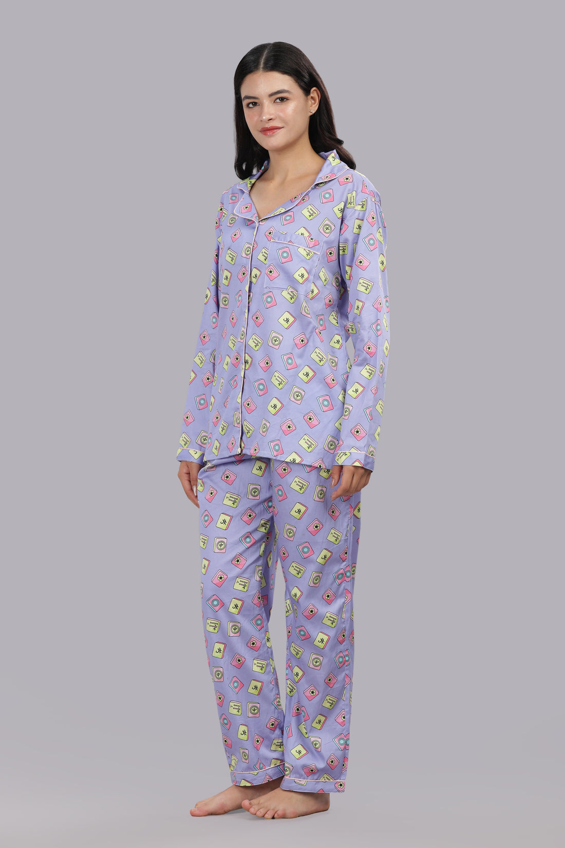 Mahjong Lilac Button Down Pj Set - Pure Cotton PJ Set with Notched Collar