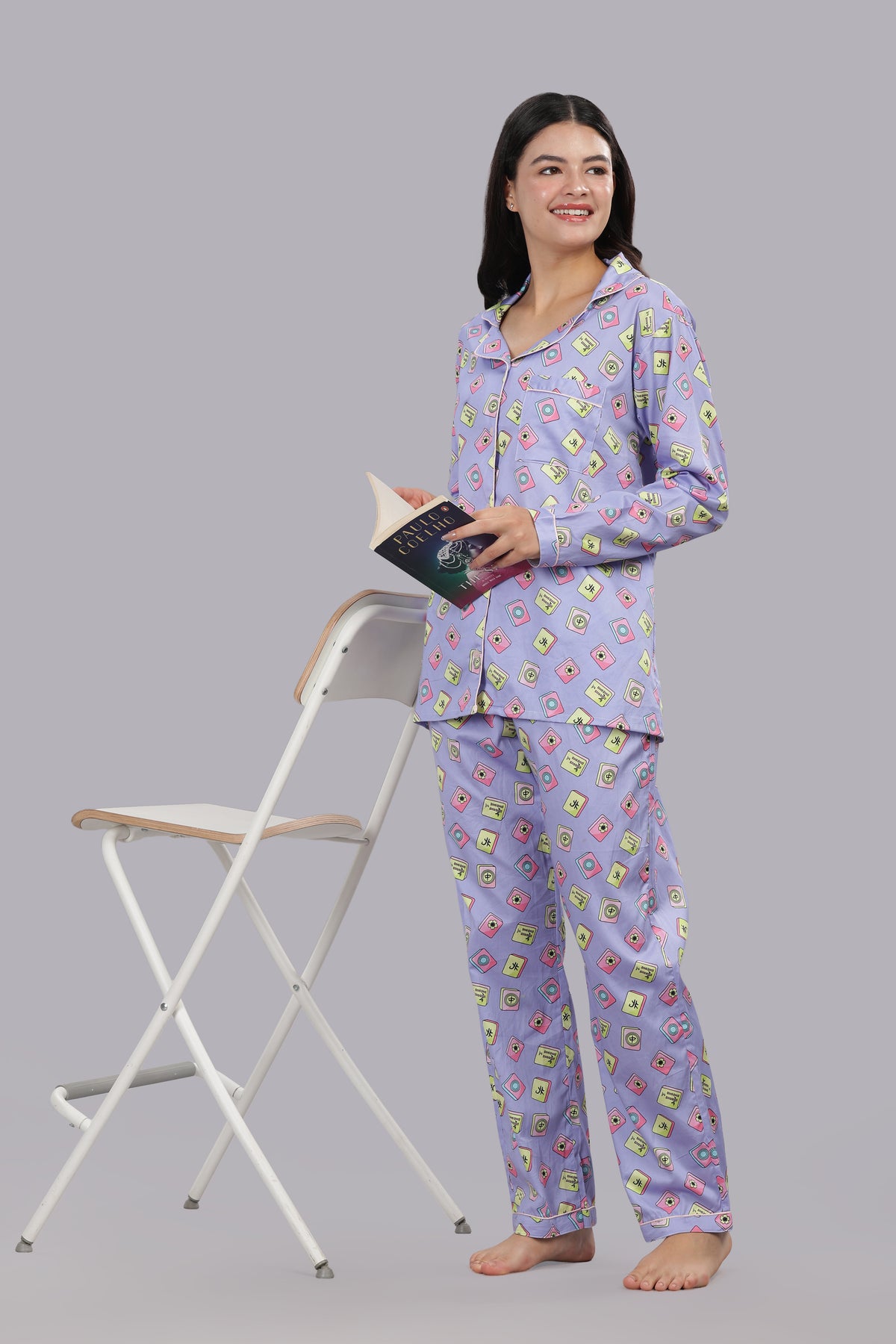 Mahjong Lilac Button Down Pj Set - Pure Cotton PJ Set with Notched Collar