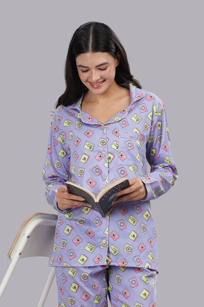 Mahjong Lilac Button Down Pj Set - Pure Cotton PJ Set with Notched Collar