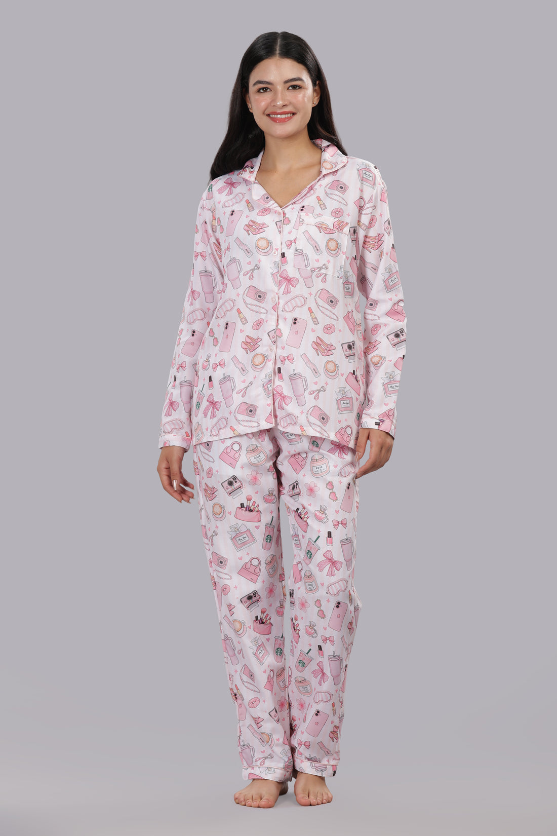 Makeup Forever Button Down Pj Set - Cotton Rayon Pj Set with Notched Collar