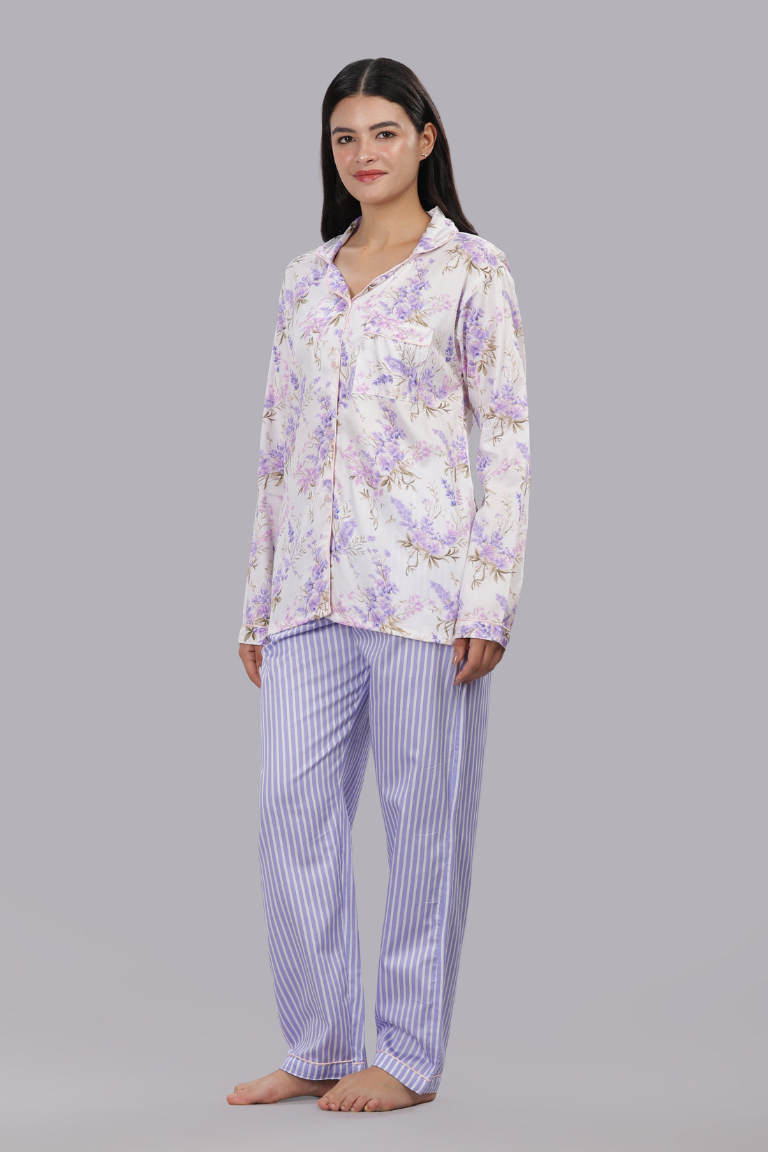 Lavender Fields Button Down Pj Set - Pure Cotton Pj Set with Notched Collar