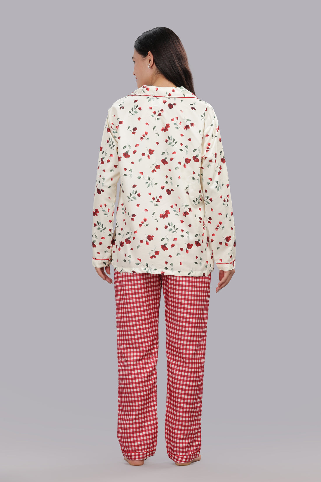 Petal Plaid Button Down Pj Set - Cotton Rayon Pj Set with Notched Collar