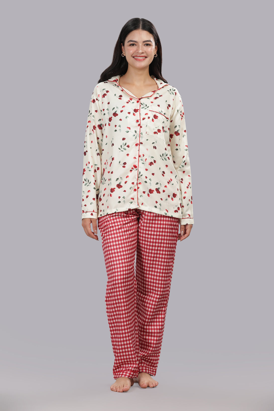 Petal Plaid Button Down Pj Set - Cotton Rayon Pj Set with Notched Collar