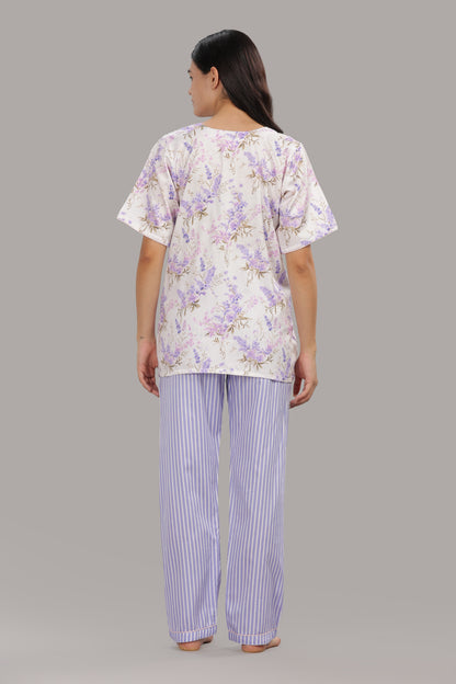 Lavender Fields Maternity PJ Set - Pure Cotton Pj Set in Round Neck with 2 Invisible Zips for Feeding