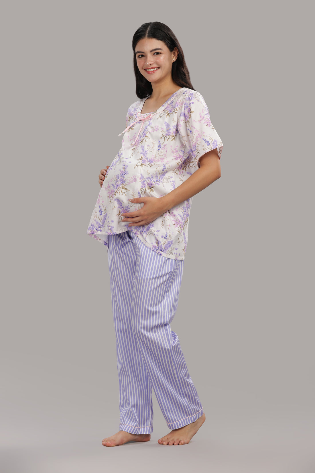 Lavender Fields Maternity PJ Set - Pure Cotton Pj Set in Round Neck with 2 Invisible Zips for Feeding
