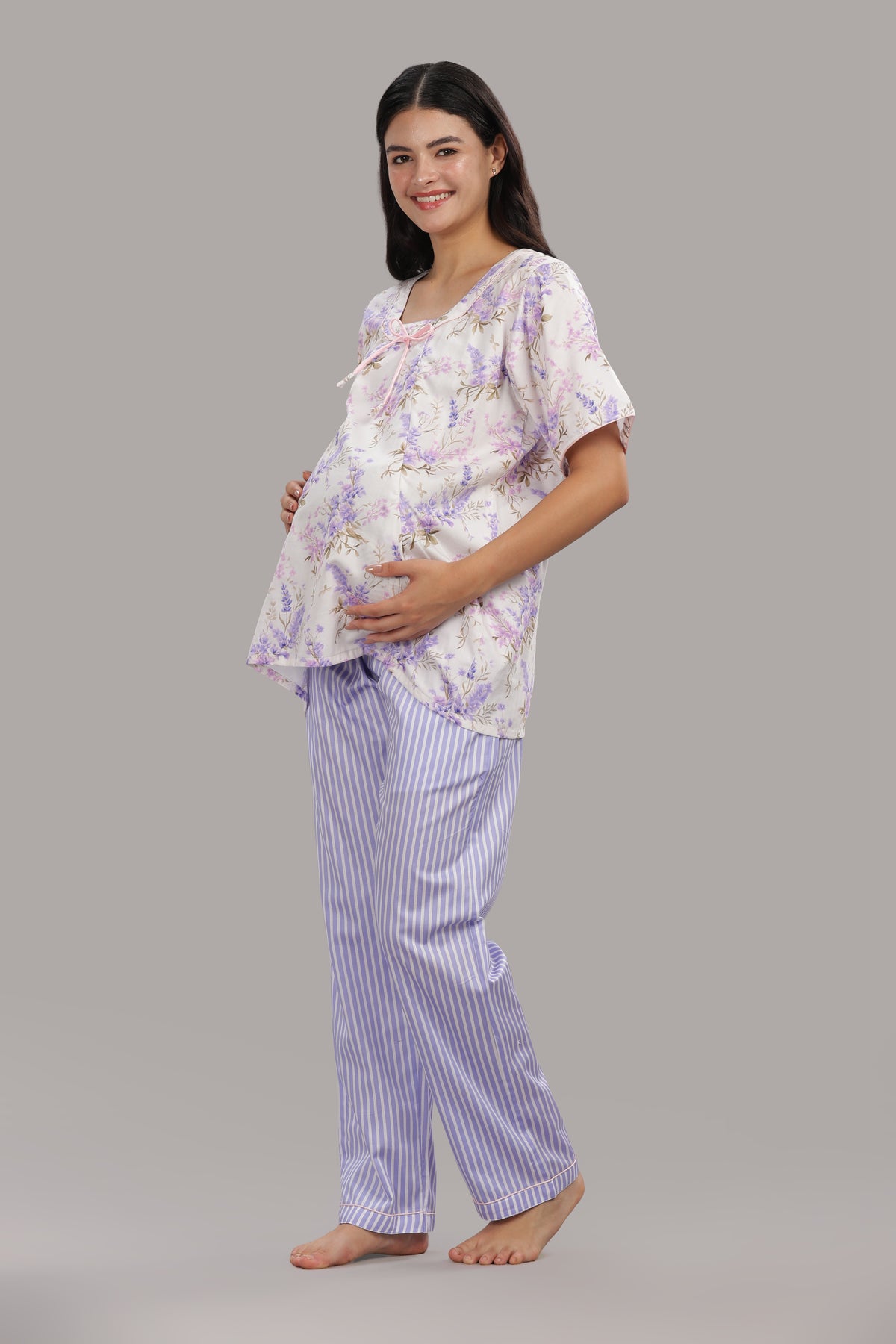 Lavender Fields Maternity PJ Set - Pure Cotton Pj Set in Round Neck with 2 Invisible Zips for Feeding