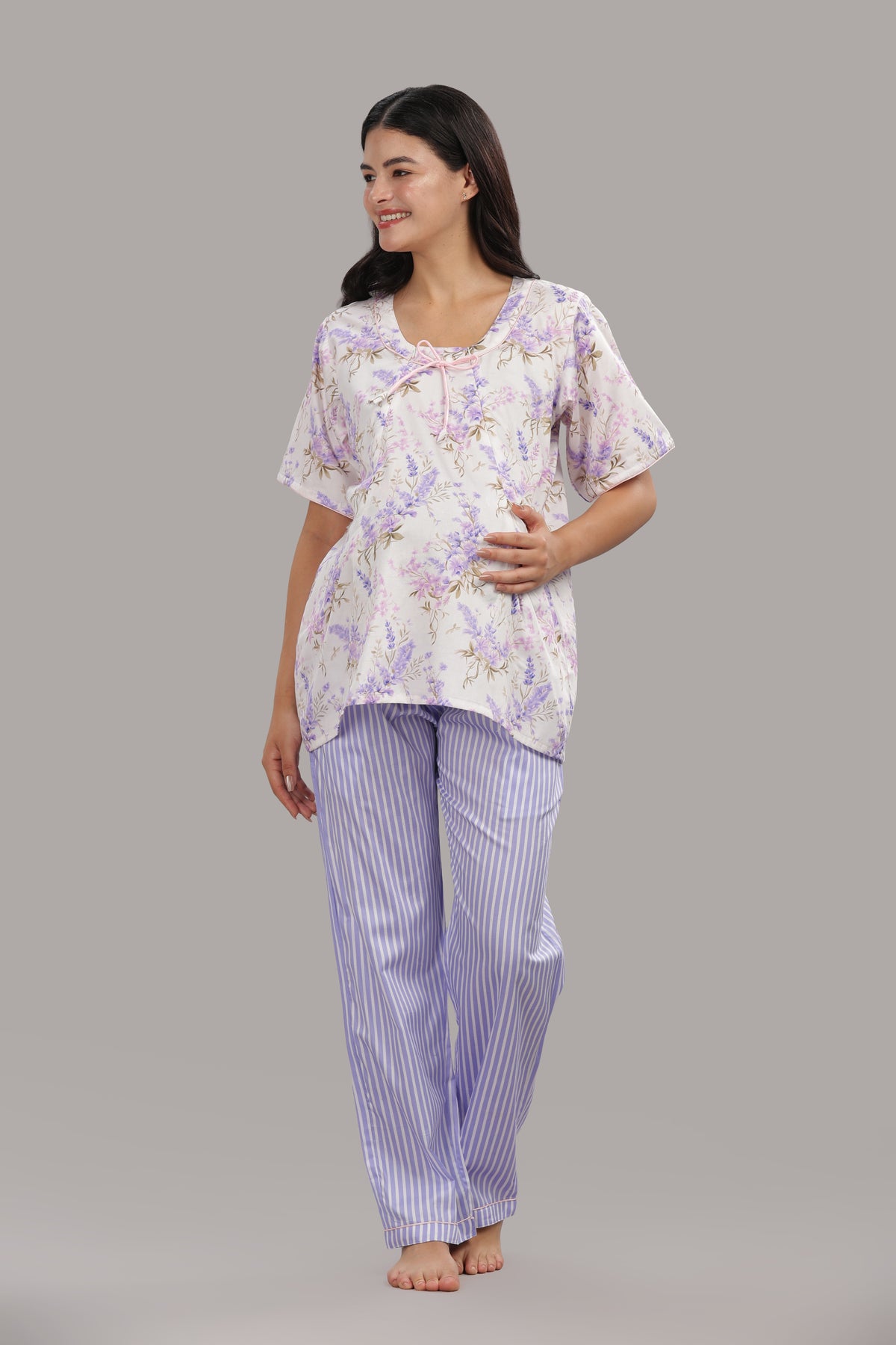 Lavender Fields Maternity PJ Set - Pure Cotton Pj Set in Round Neck with 2 Invisible Zips for Feeding