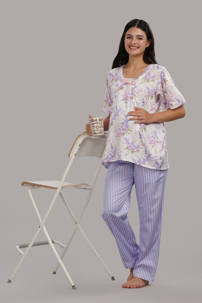 Lavender Fields Maternity PJ Set - Pure Cotton Pj Set in Round Neck with 2 Invisible Zips for Feeding