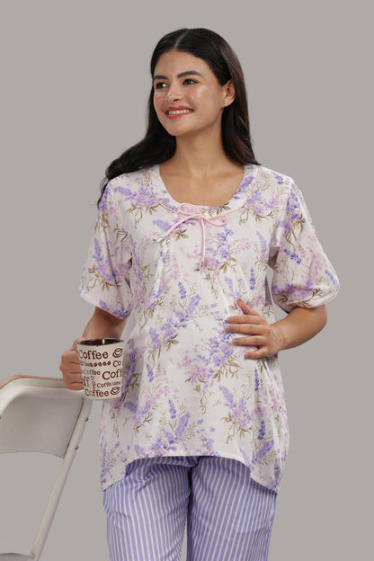 Lavender Fields Maternity PJ Set - Pure Cotton Pj Set in Round Neck with 2 Invisible Zips for Feeding