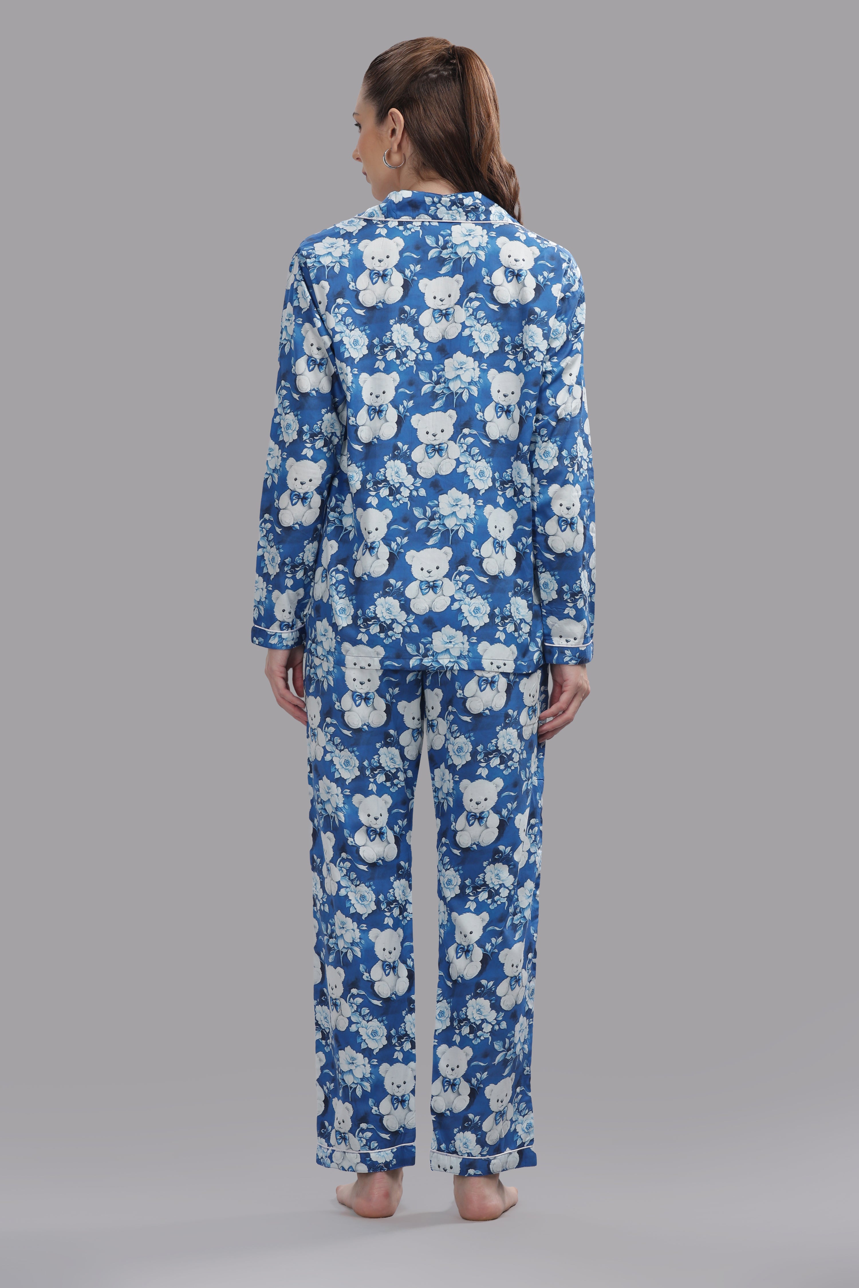 Beary Cute Button Down Pj Set - Pure Cotton Pj Set with Notched Collar
