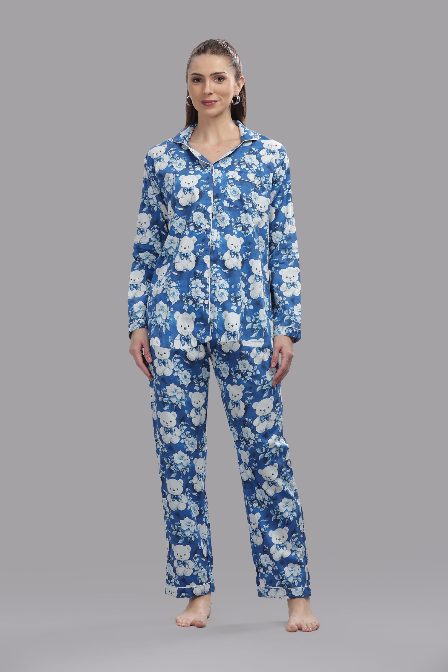 Beary Cute Button Down Pj Set - Pure Cotton Pj Set with Notched Collar