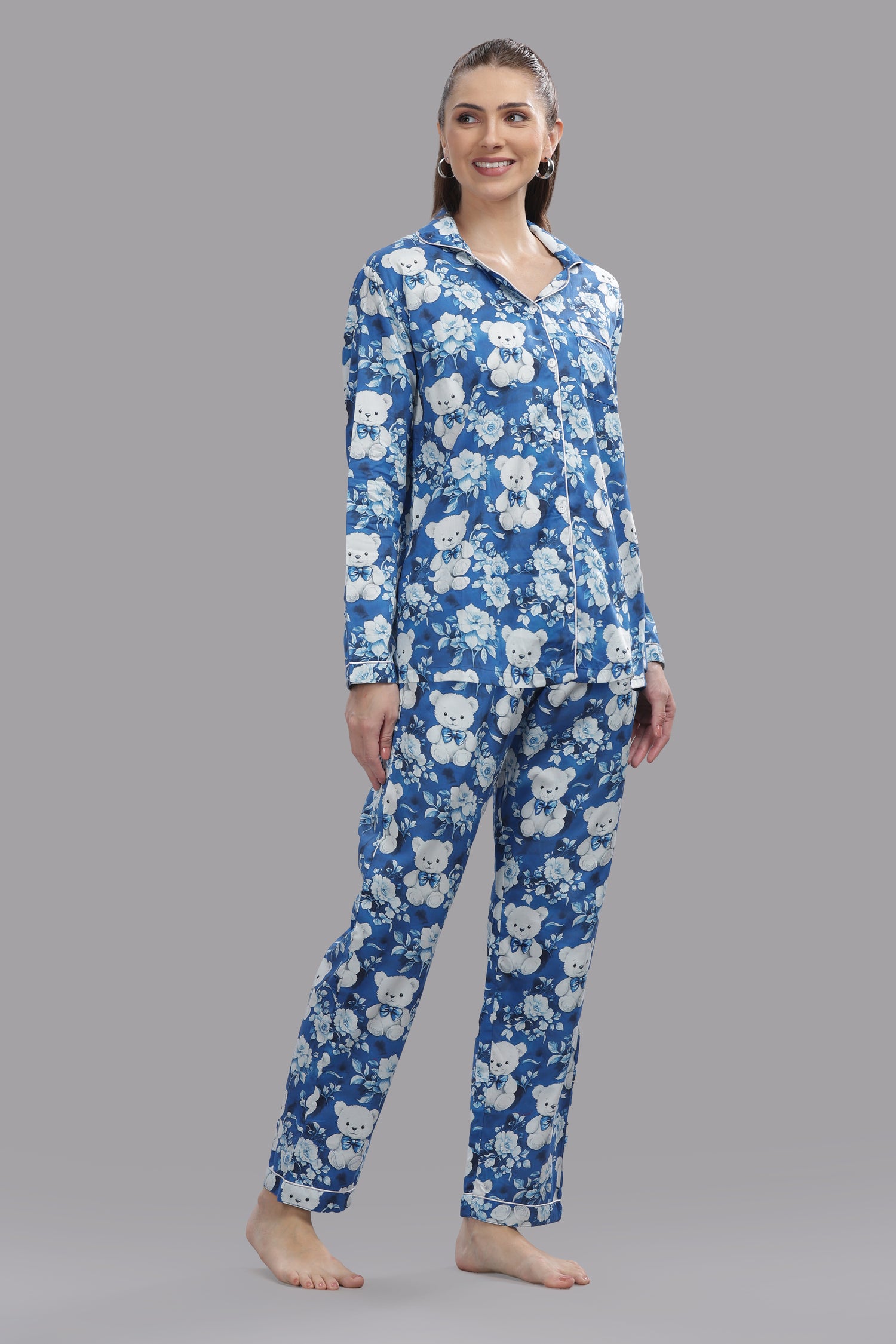 Beary Cute Button Down Pj Set - Pure Cotton Pj Set with Notched Collar
