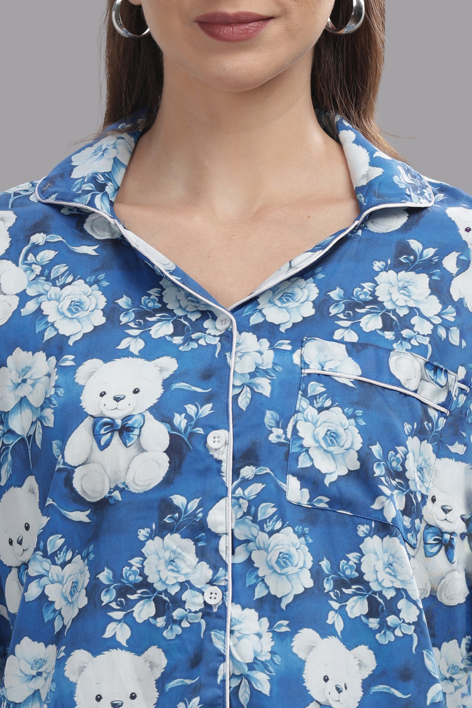 Beary Cute Button Down Pj Set - Pure Cotton Pj Set with Notched Collar