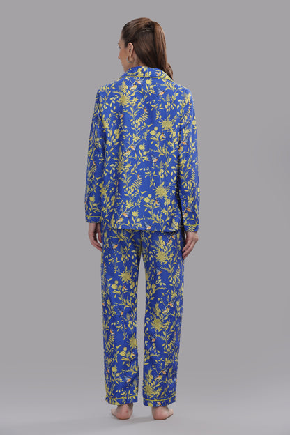 Sunny Blues Button Down Pj Set - Cotton Rayon Pj Set with Notched Collar