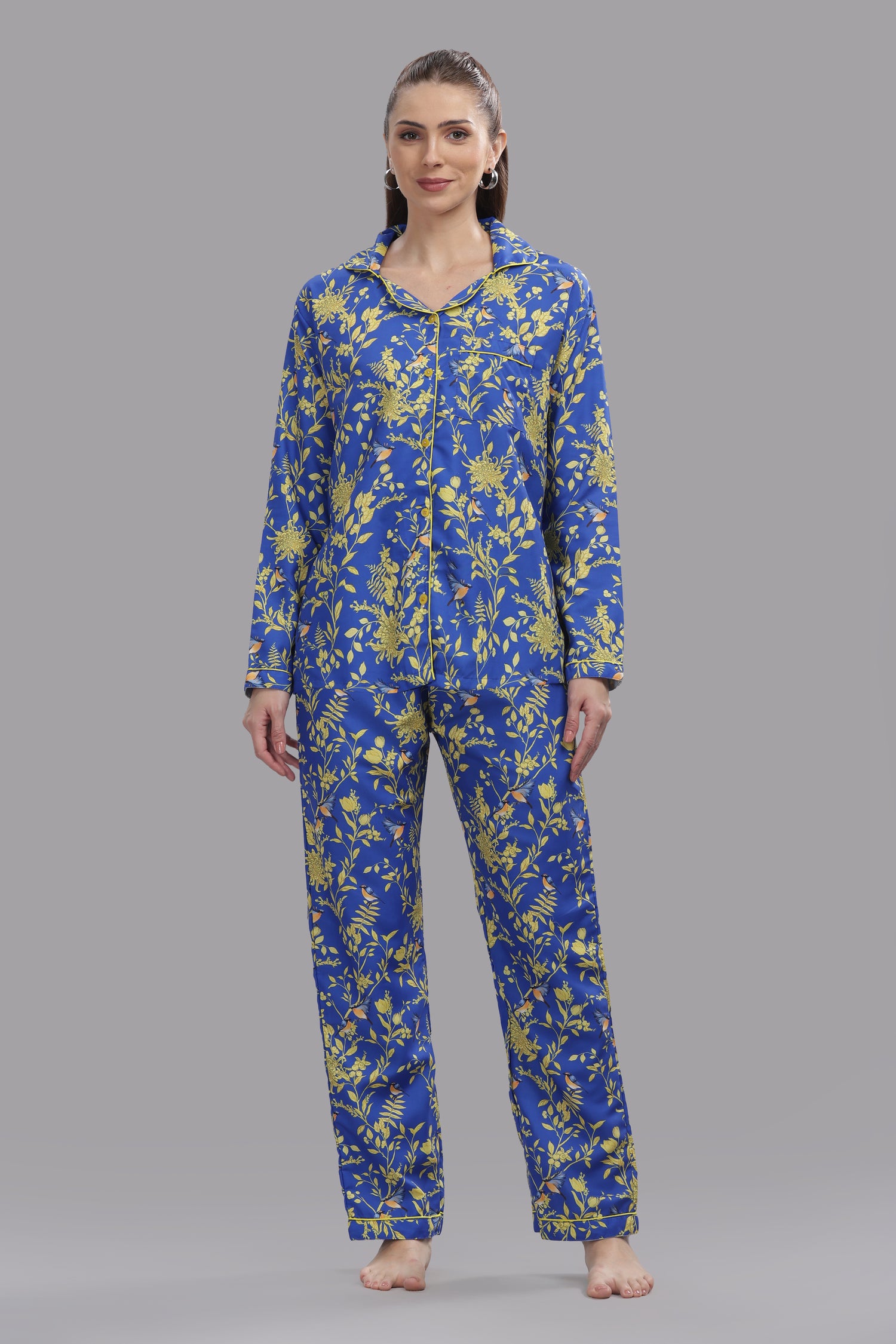 Sunny Blues Button Down Pj Set - Cotton Rayon Pj Set with Notched Collar