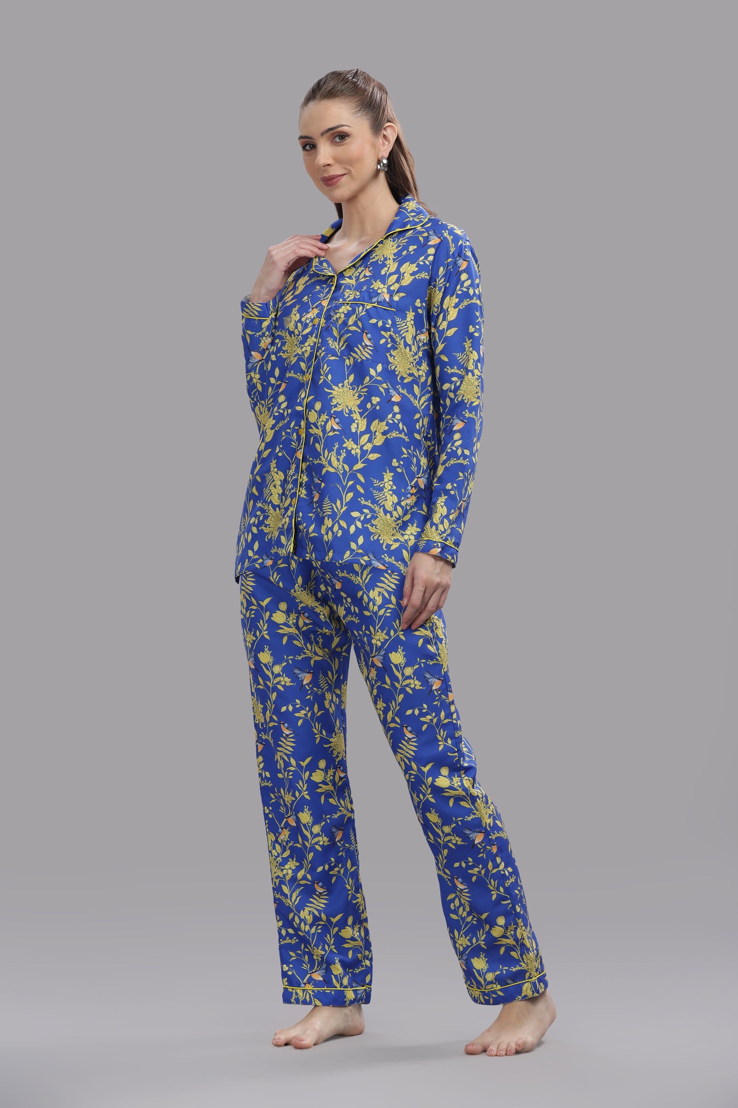 Sunny Blues Button Down Pj Set - Cotton Rayon Pj Set with Notched Collar