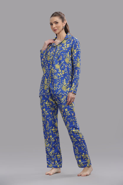 Sunny Blues Button Down Pj Set - Cotton Rayon Pj Set with Notched Collar
