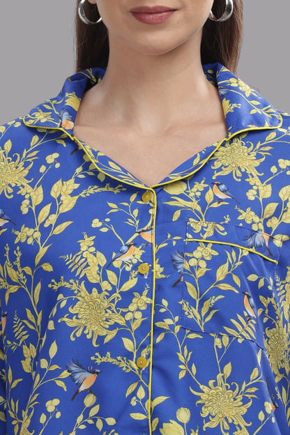 Sunny Blues Button Down Pj Set - Cotton Rayon Pj Set with Notched Collar