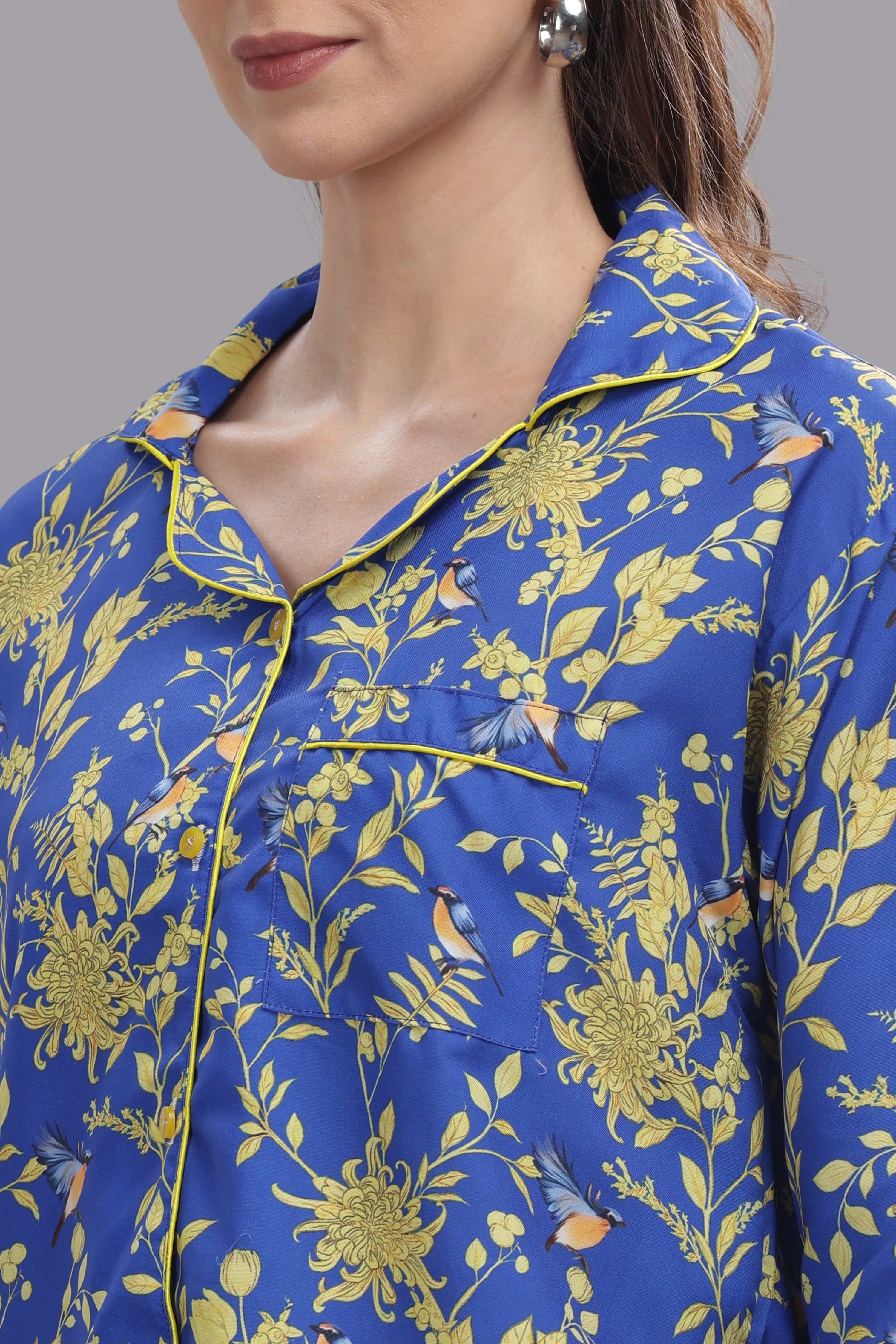 Sunny Blues Button Down Pj Set - Cotton Rayon Pj Set with Notched Collar
