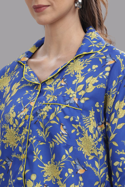 Sunny Blues Button Down Pj Set - Cotton Rayon Pj Set with Notched Collar