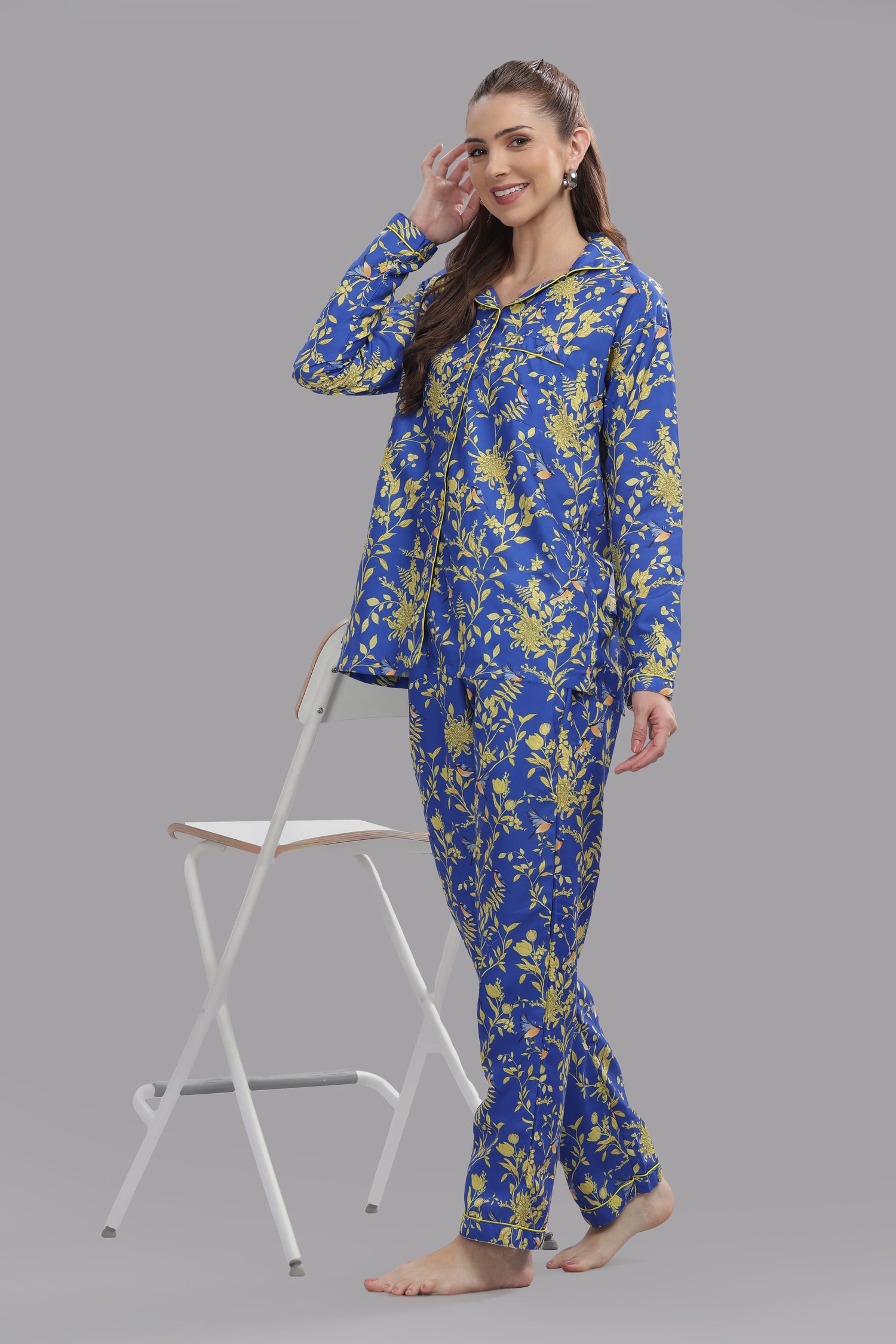 Sunny Blues Button Down Pj Set - Cotton Rayon Pj Set with Notched Collar