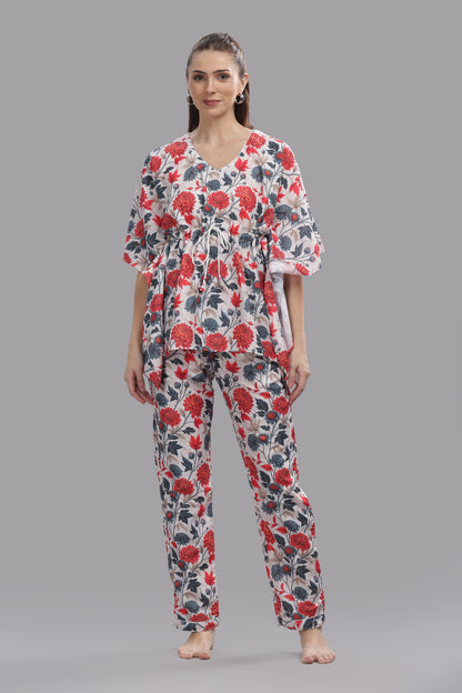 Ruby Petals Kaftan Pj Set - Cotton Rayon Pj Set in Kaftan Style