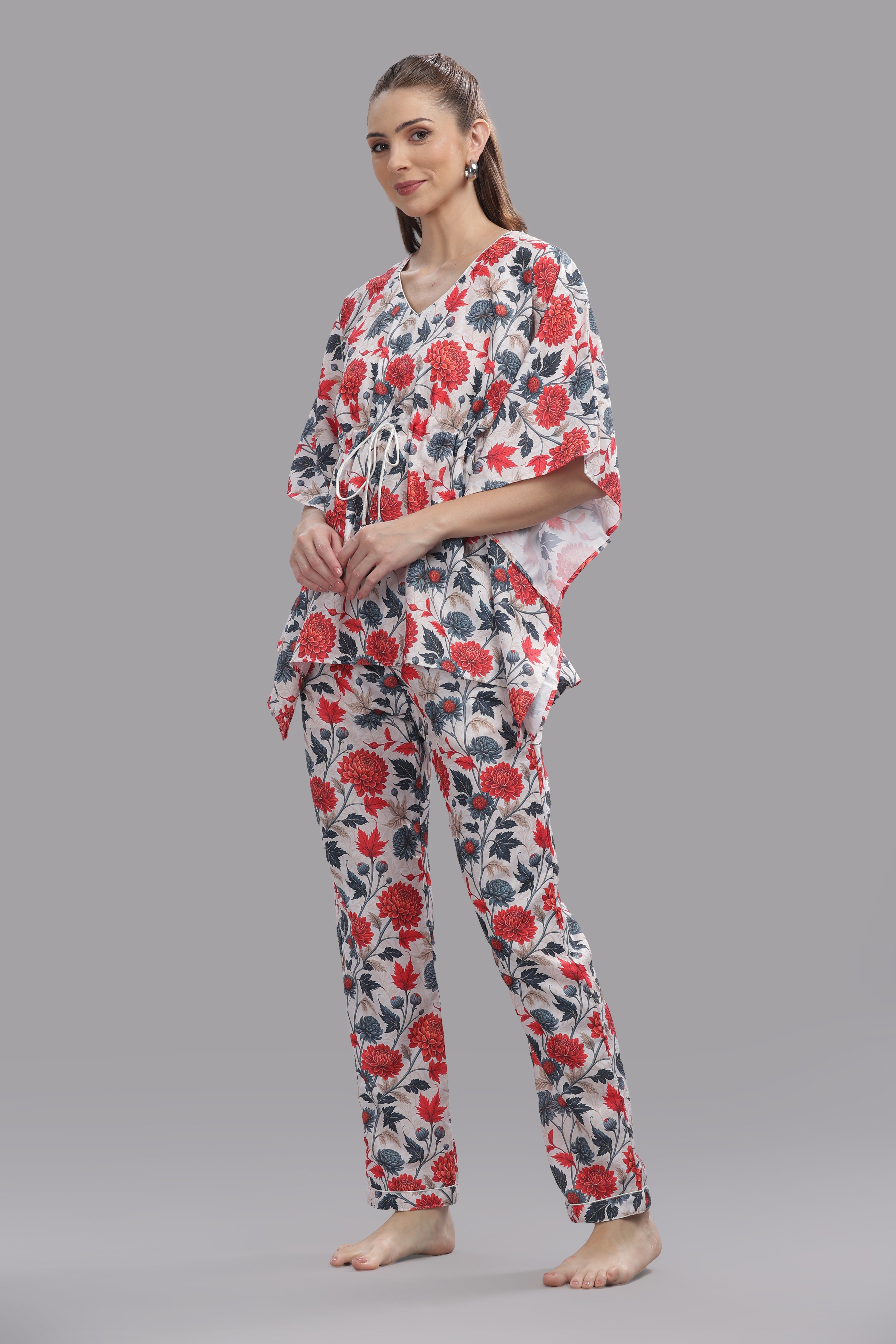 Ruby Petals Kaftan Pj Set - Cotton Rayon Pj Set in Kaftan Style