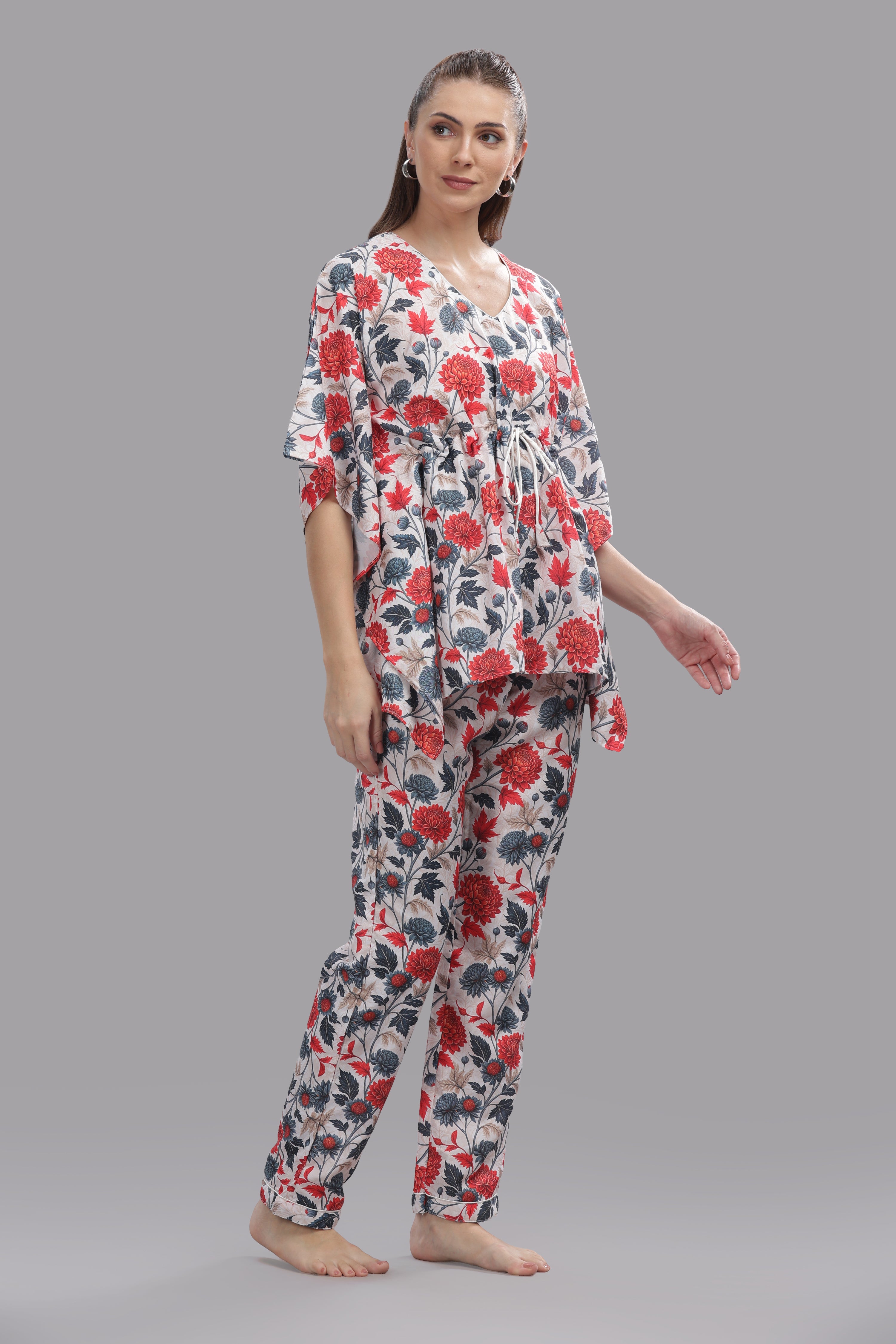 Ruby Petals Kaftan Pj Set - Cotton Rayon Pj Set in Kaftan Style