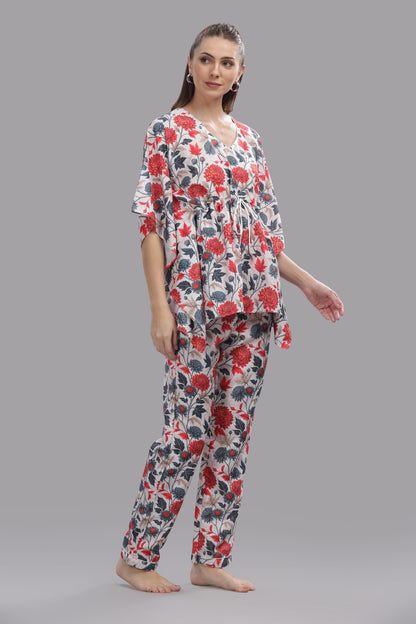 Ruby Petals Kaftan Pj Set - Cotton Rayon Pj Set in Kaftan Style
